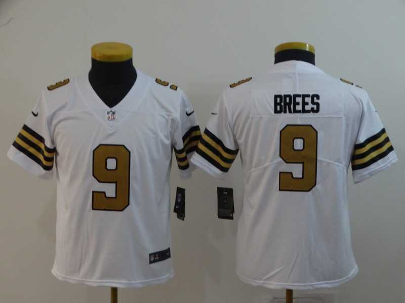 Youth Nike Saints 9 Drew Brees White Color Rush Limited Jersey